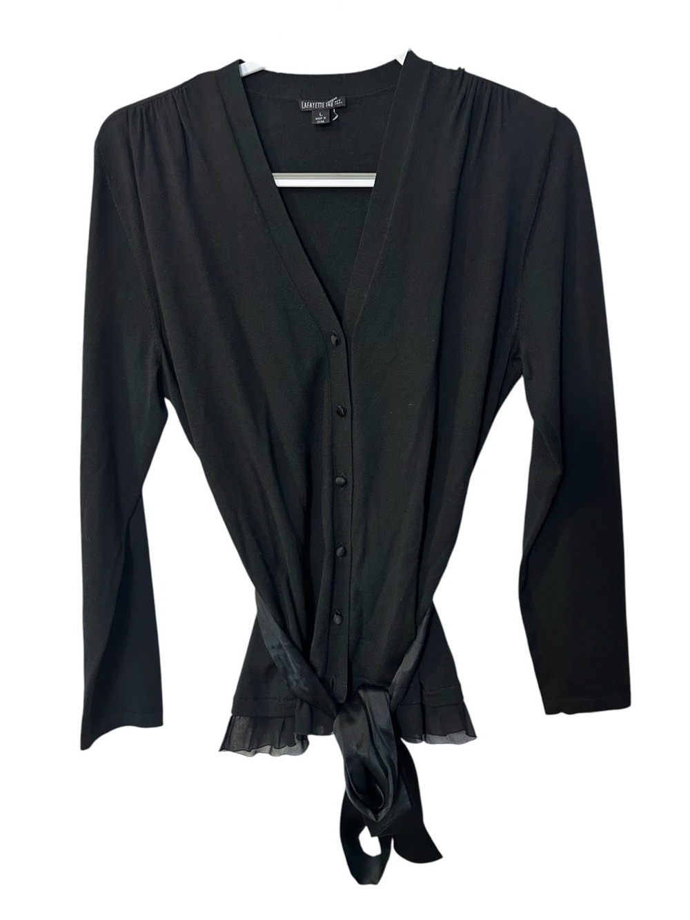 Lafayette 148 New York Black Silk Wool Cardigan with Waist Tie
